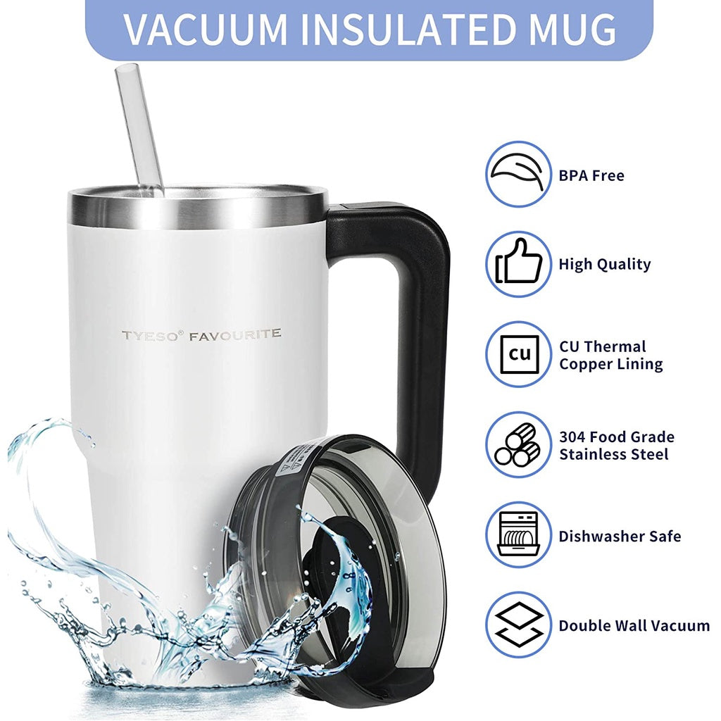 Tyeso Vacuum Insulated Tumbler with Straw and Handle 600ML | 890ML Leakproof Water Bottle Jug